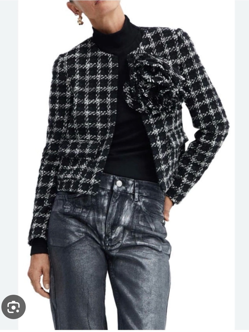 Mango Black & White Tweed Cropped Blazer with Floral Accent